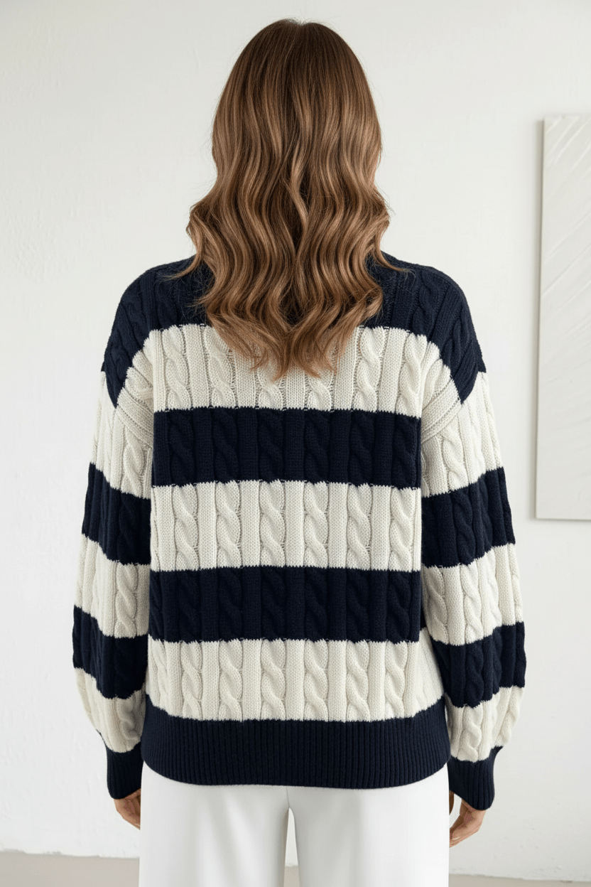 Liora – Women’s Oversized Wool Blend Cable Knit V-Neck Striped Sweater