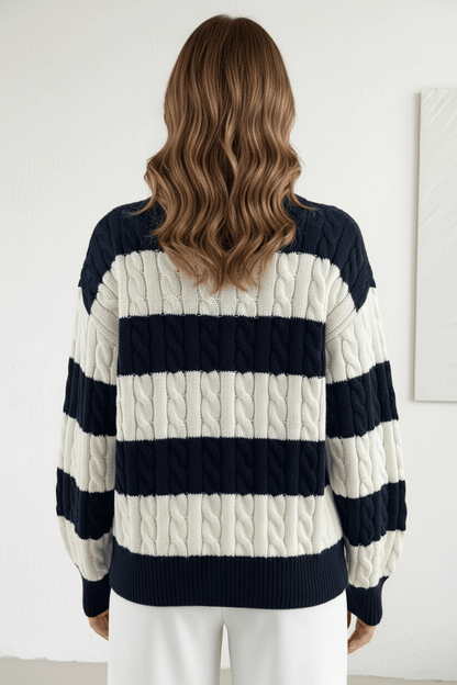 Liora – Women’s Oversized Wool Blend Cable Knit V-Neck Striped Sweater