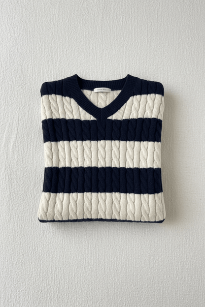 Liora – Women’s Oversized Wool Blend Cable Knit V-Neck Striped Sweater