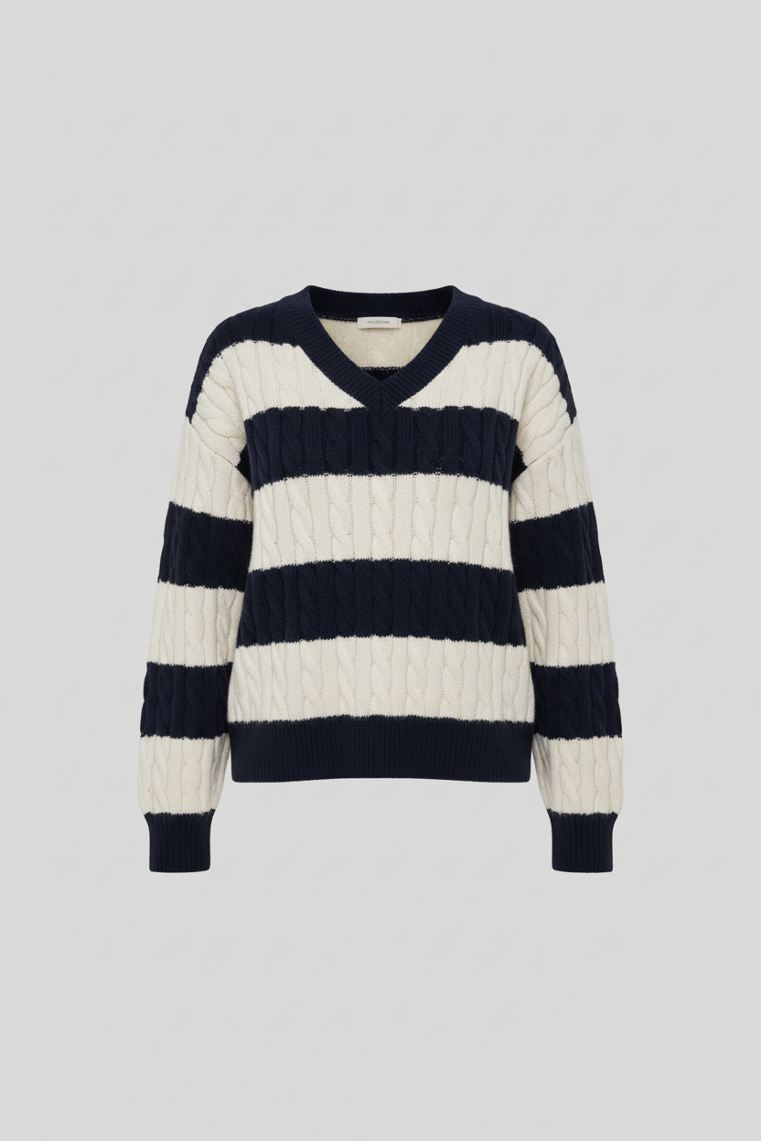 Liora – Women’s Oversized Wool Blend Cable Knit V-Neck Striped Sweater