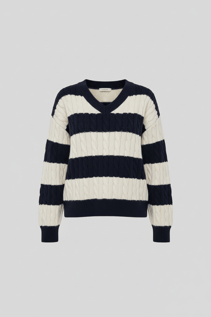 Liora – Women’s Oversized Wool Blend Cable Knit V-Neck Striped Sweater