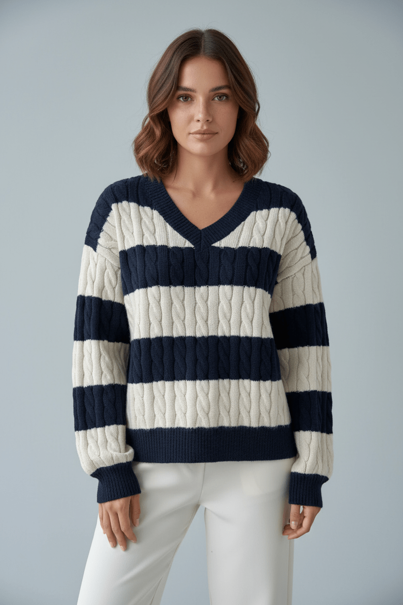 Ashford | Liora – Women’s Oversized Wool Blend Cable Knit V - Neck Striped Sweater - Ashford London Clothing