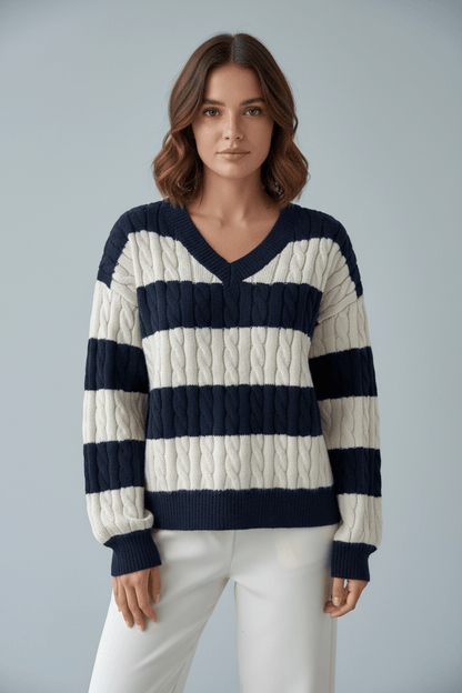 Ashford | Liora – Women’s Oversized Wool Blend Cable Knit V - Neck Striped Sweater - Ashford London Clothing