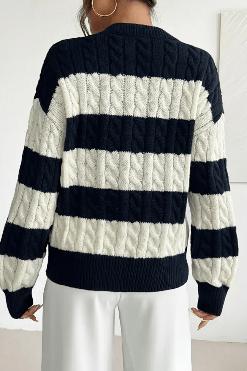 Liora – Women’s Oversized Wool Blend Cable Knit V-Neck Striped Sweater