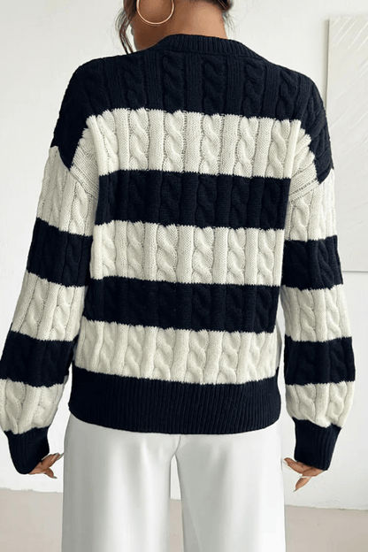 Liora – Women’s Oversized Wool Blend Cable Knit V-Neck Striped Sweater