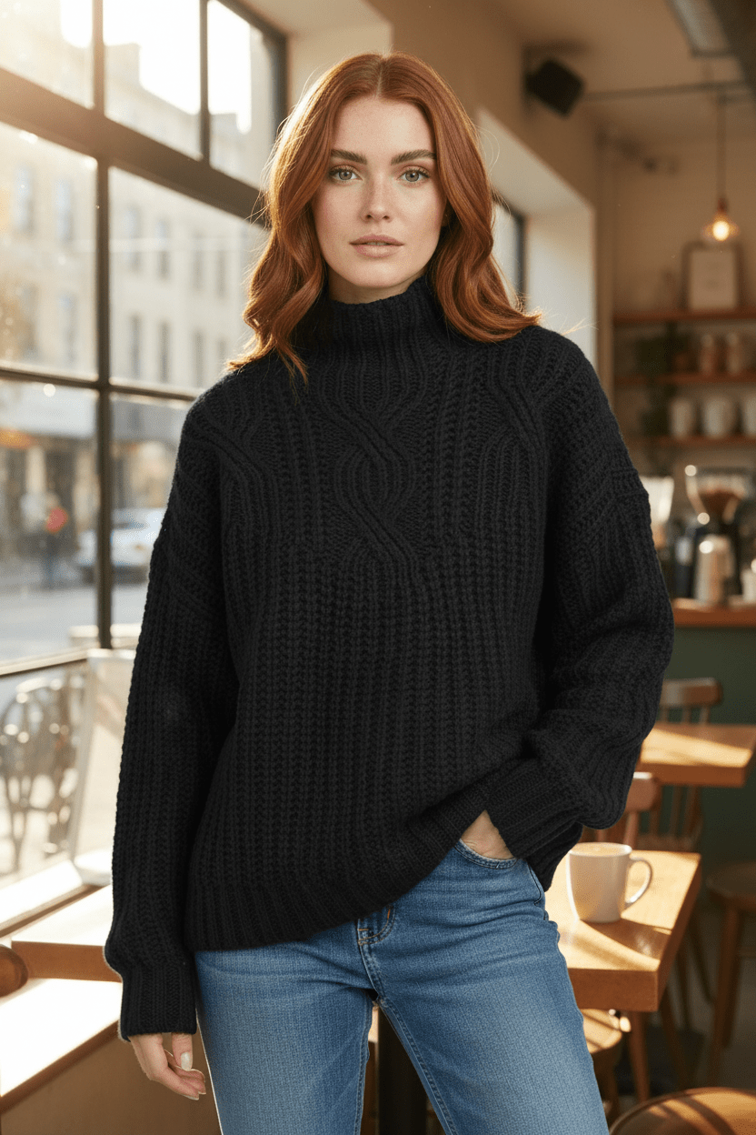 Maelys – Women’s Wool Cable Knit Pullover Sweater with High Neck