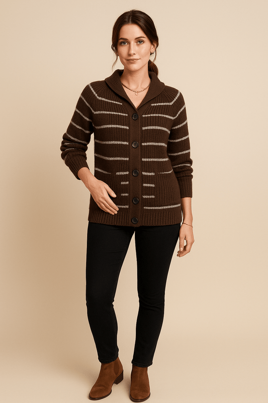 Ashford | Maja – Women’s Striped Knit Hooded Cardigan with Button Front - Ashford London Clothing