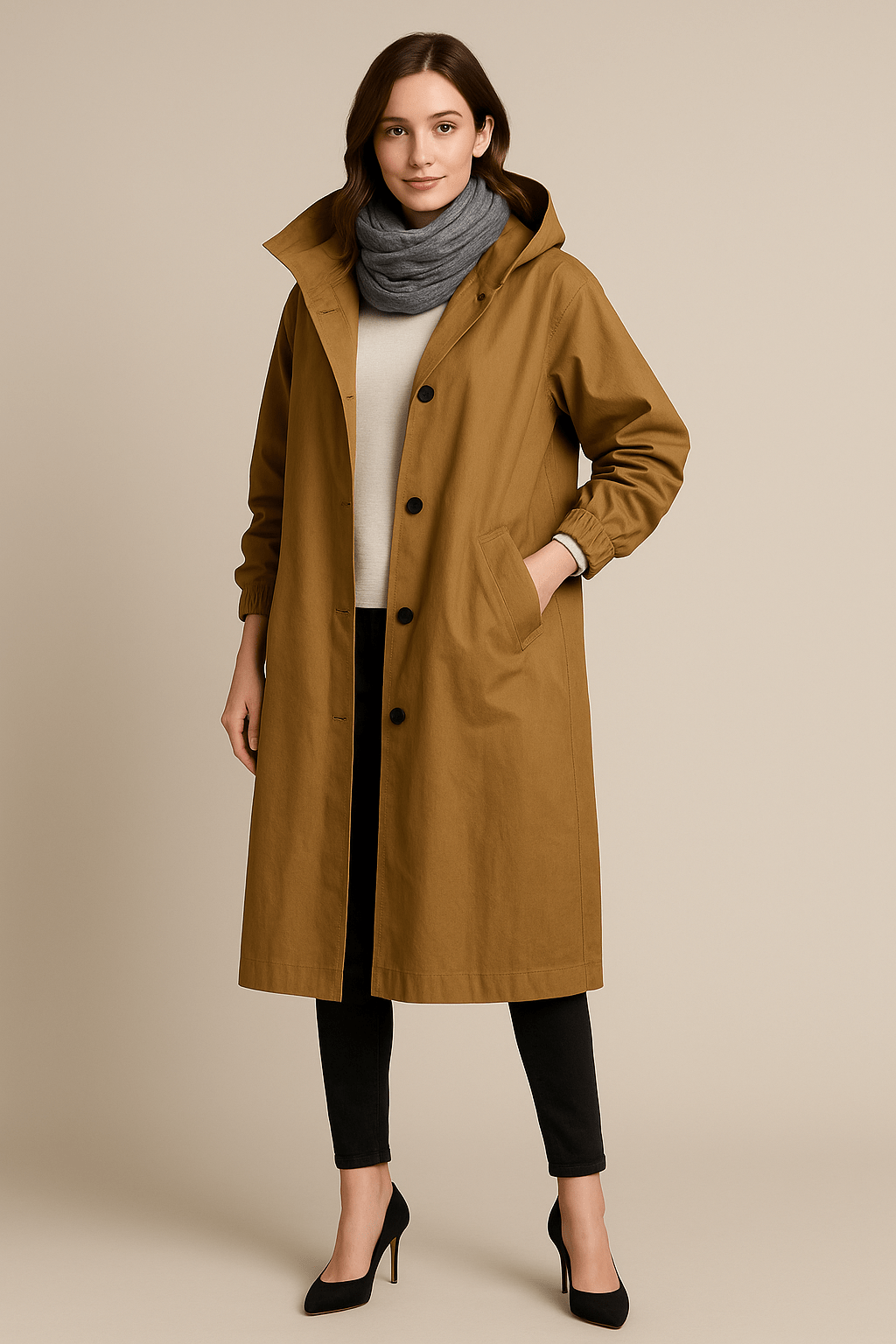 Ruby – Women’s Hooded Long Trench Coat with Pockets