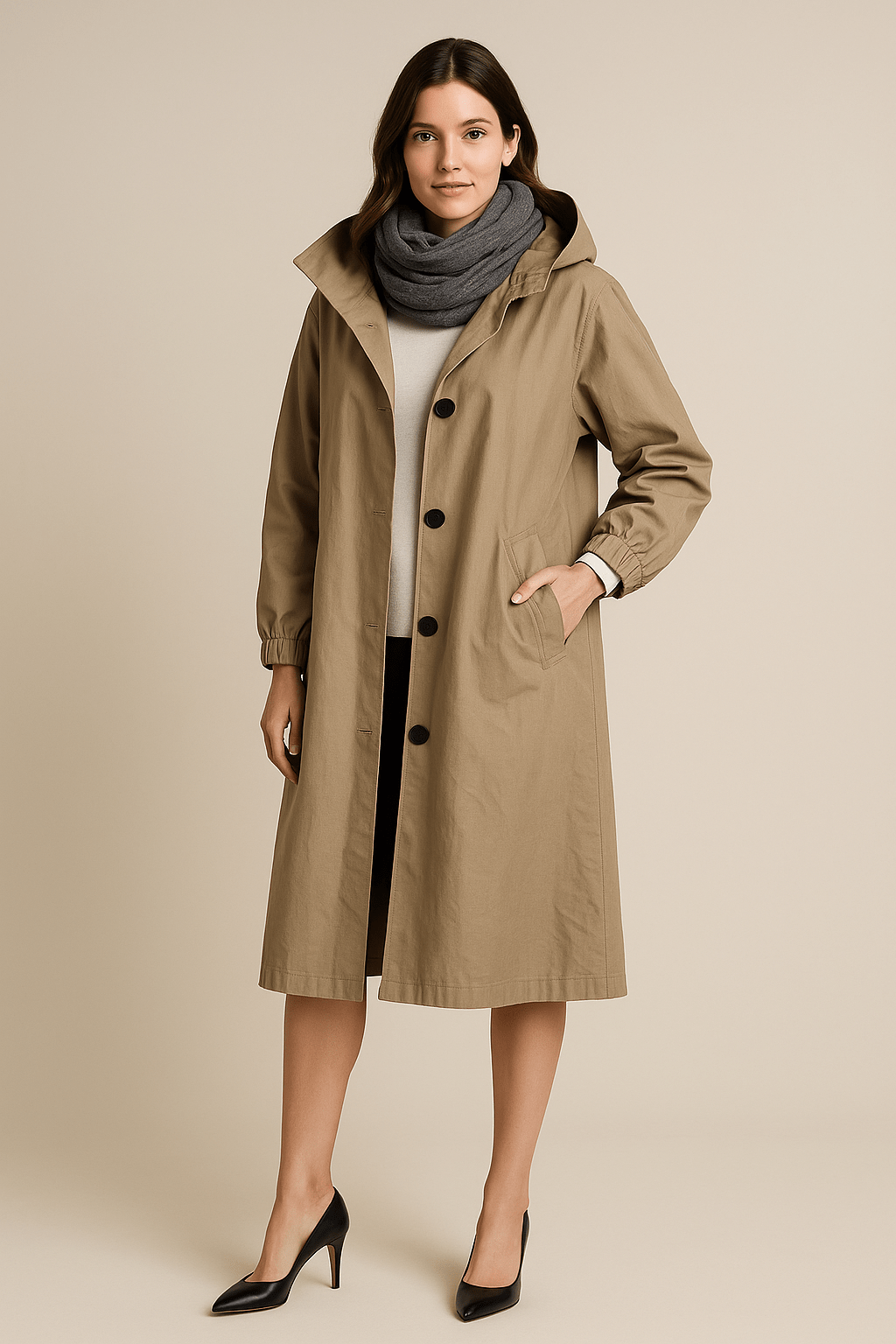Ruby – Women’s Hooded Long Trench Coat with Pockets