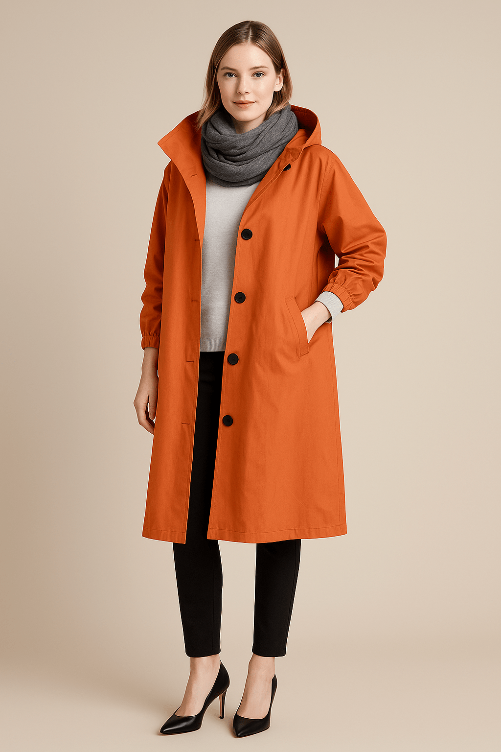 Ruby – Women’s Hooded Long Trench Coat with Pockets