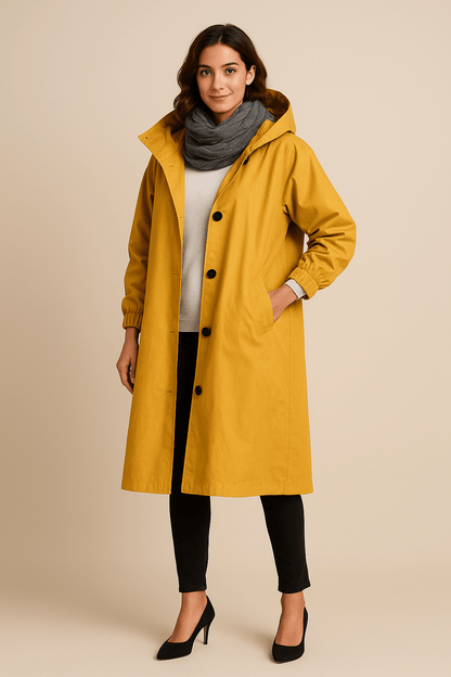 Ruby – Women’s Hooded Long Trench Coat with Pockets