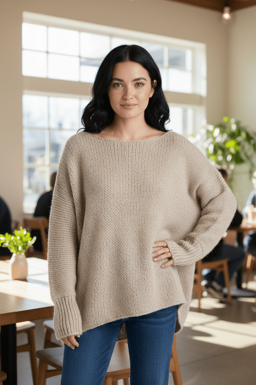 Sana – Women’s Oversized Wool Blend Sweater with Off-Shoulder Design