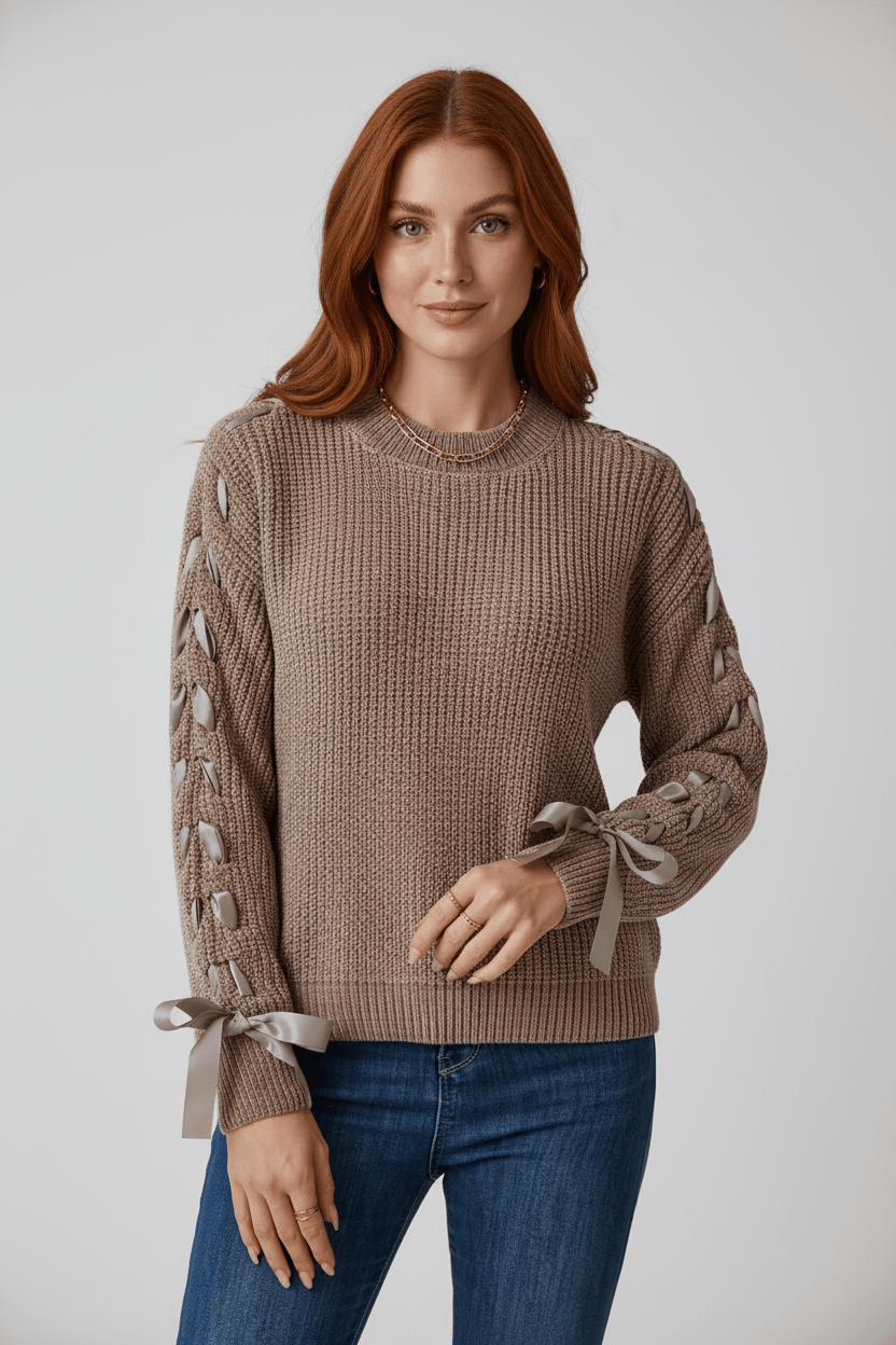 Ashford | Saphira – Women’s Relaxed Fit Ribbed Pullover Sweater with Lace - Up Sleeves - Ashford London Clothing
