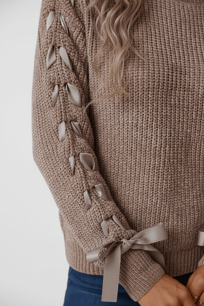 Saphira – Women’s Relaxed Fit Ribbed Pullover Sweater with Lace-Up Sleeves