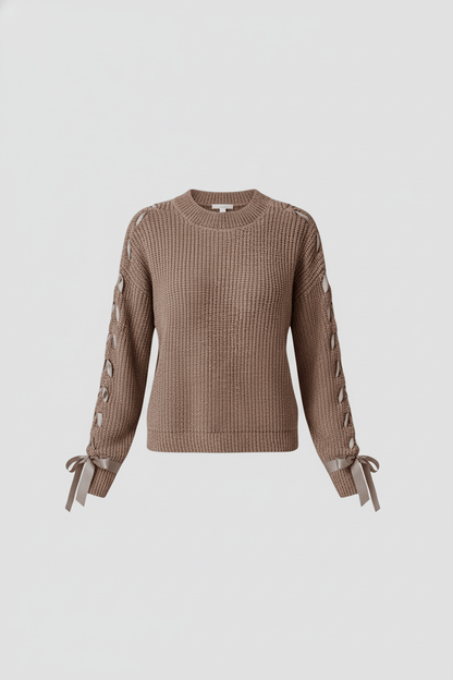 Saphira – Women’s Relaxed Fit Ribbed Pullover Sweater with Lace-Up Sleeves