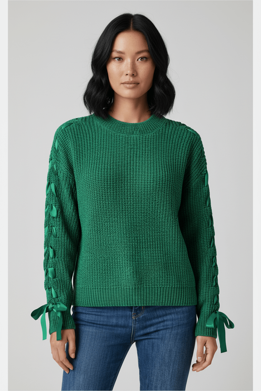 Ashford | Saphira – Women’s Relaxed Fit Ribbed Pullover Sweater with Lace - Up Sleeves - Ashford London Clothing