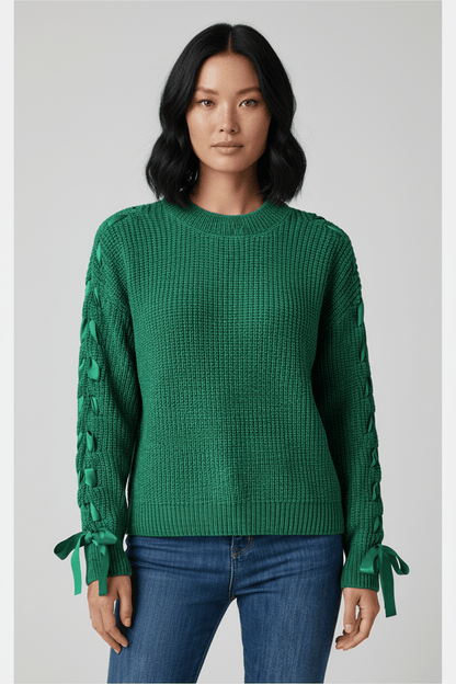 Ashford | Saphira – Women’s Relaxed Fit Ribbed Pullover Sweater with Lace - Up Sleeves - Ashford London Clothing