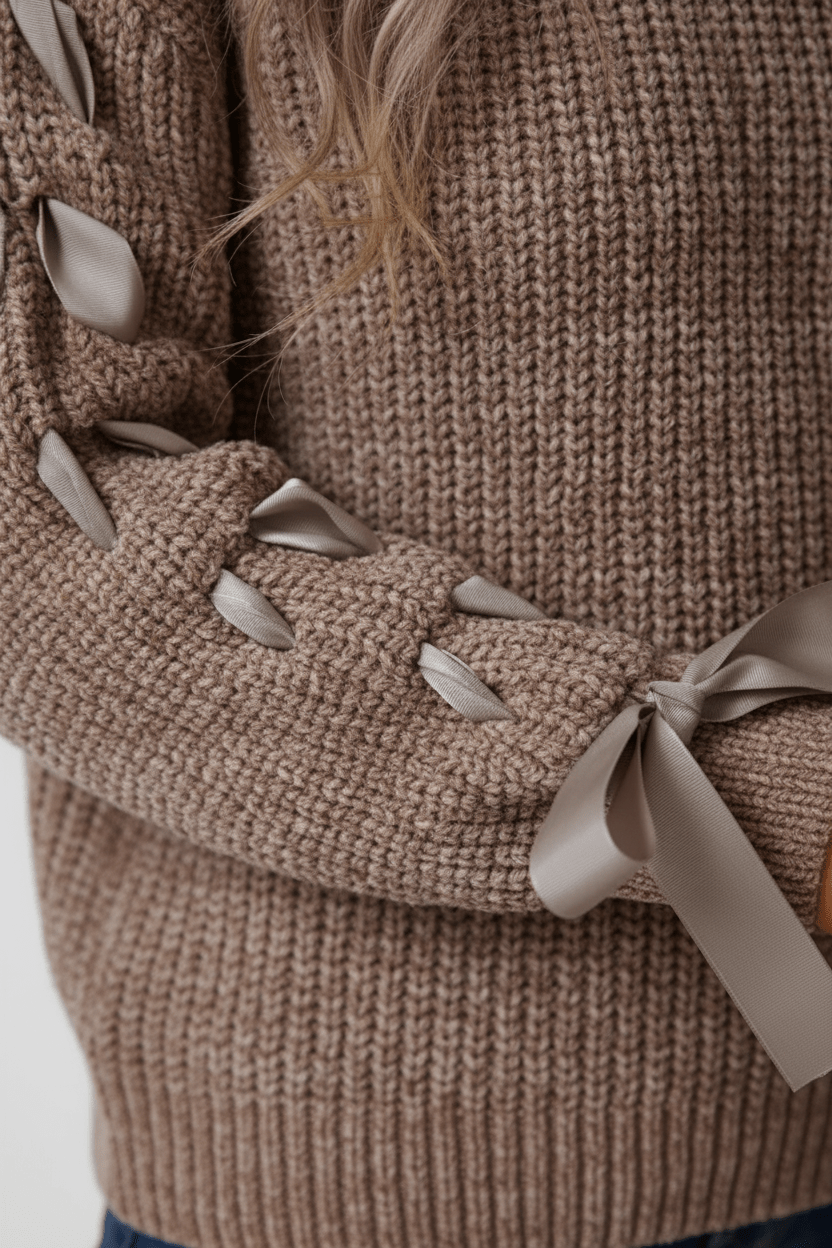 Saphira – Women’s Relaxed Fit Ribbed Pullover Sweater with Lace-Up Sleeves