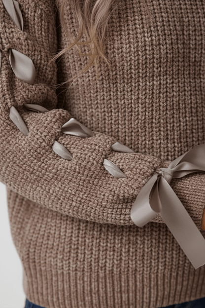 Saphira – Women’s Relaxed Fit Ribbed Pullover Sweater with Lace-Up Sleeves