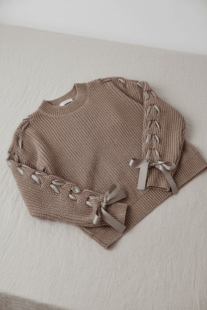 Saphira – Women’s Relaxed Fit Ribbed Pullover Sweater with Lace-Up Sleeves