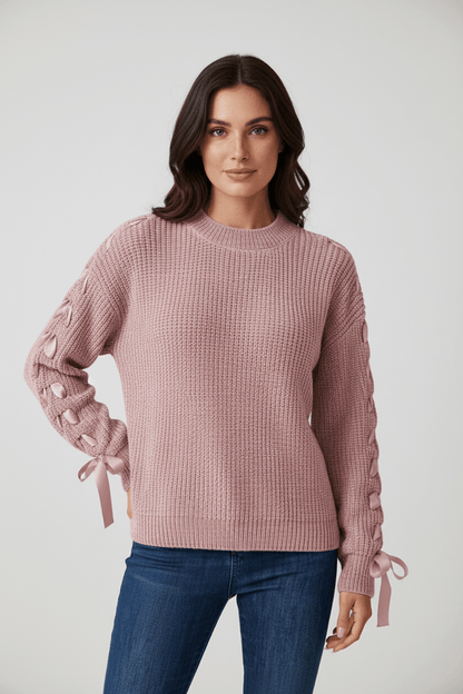 Ashford | Saphira – Women’s Relaxed Fit Ribbed Pullover Sweater with Lace - Up Sleeves - Ashford London Clothing