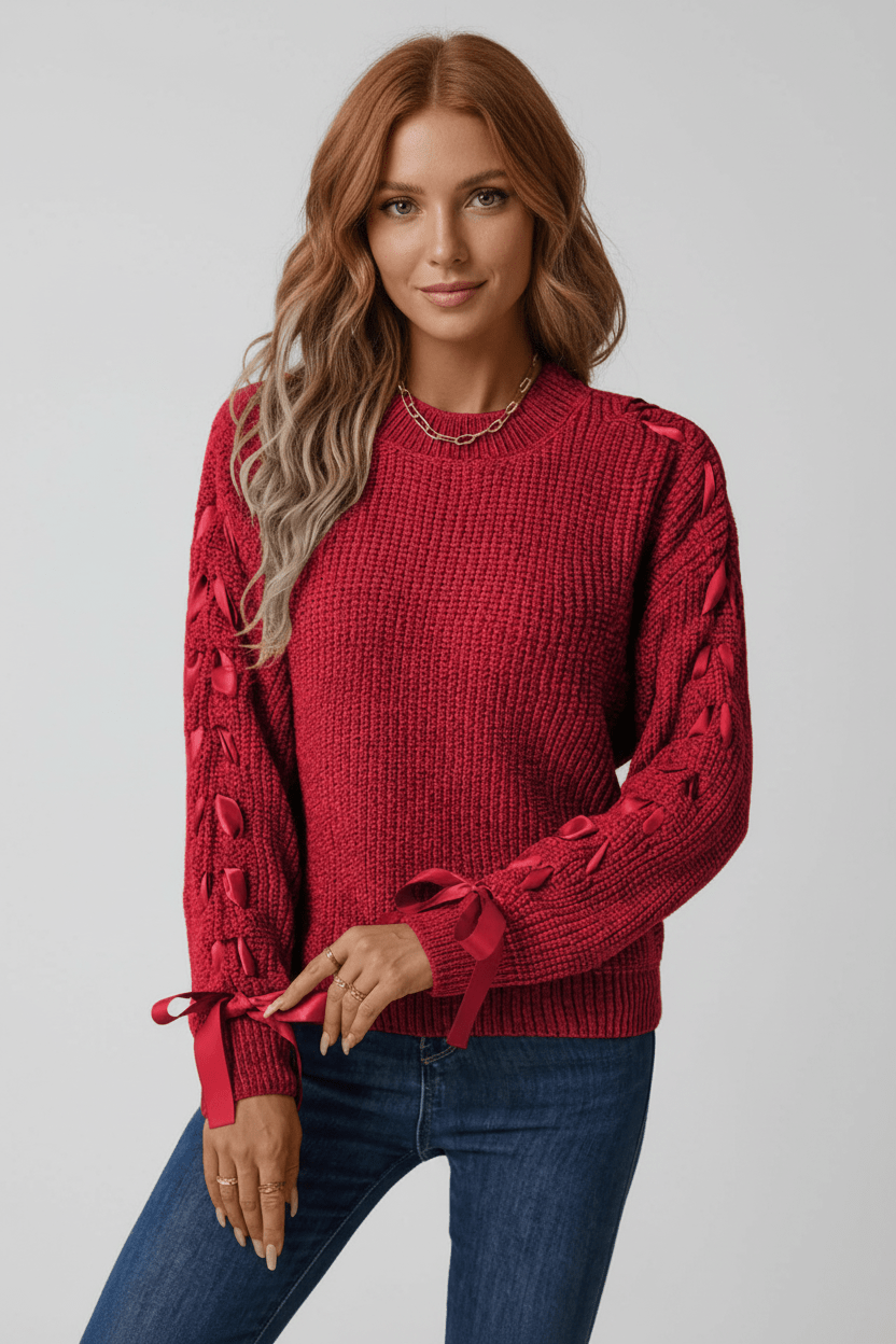 Ashford | Saphira – Women’s Relaxed Fit Ribbed Pullover Sweater with Lace - Up Sleeves - Ashford London Clothing