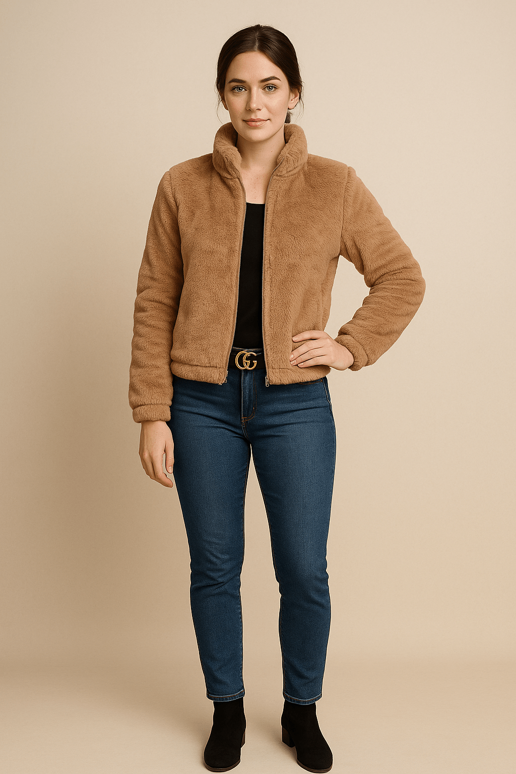 Ashford | Thea – Women’s Faux Leather Plush Zip - Up Cardigan with High Collar - Ashford London Clothing