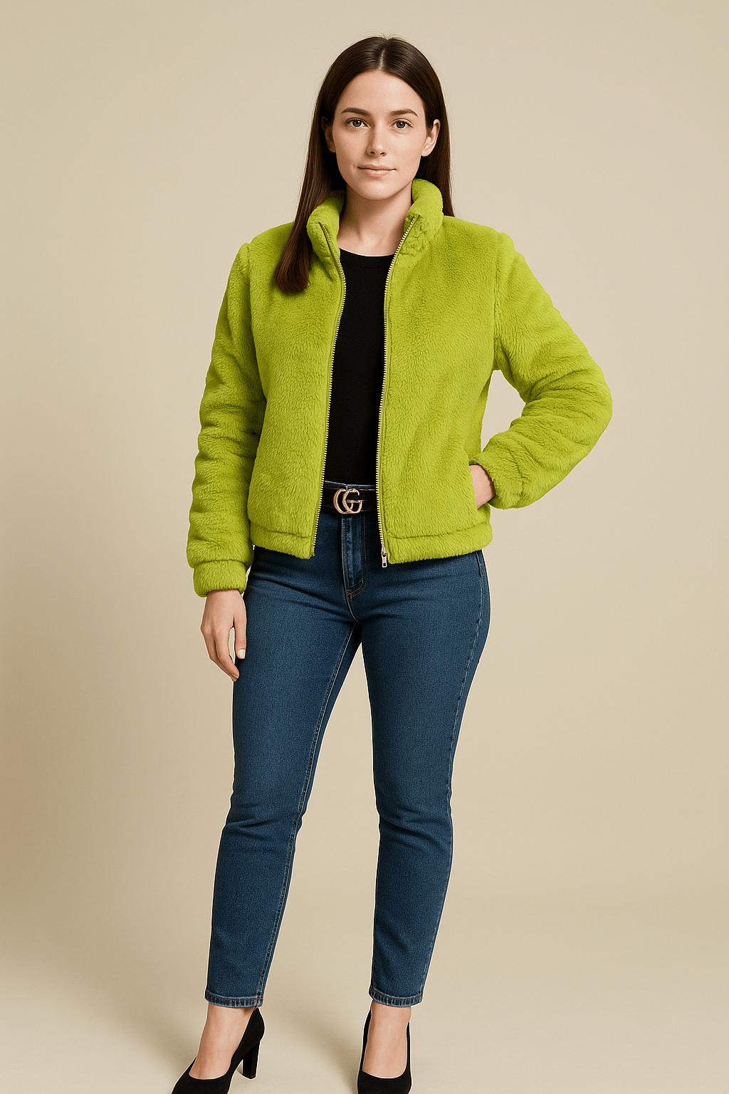 Ashford | Thea – Women’s Faux Leather Plush Zip - Up Cardigan with High Collar - Ashford London Clothing