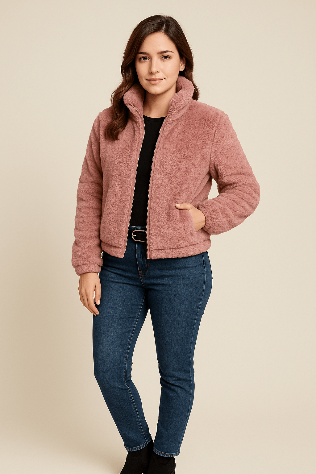 Ashford | Thea – Women’s Faux Leather Plush Zip - Up Cardigan with High Collar - Ashford London Clothing