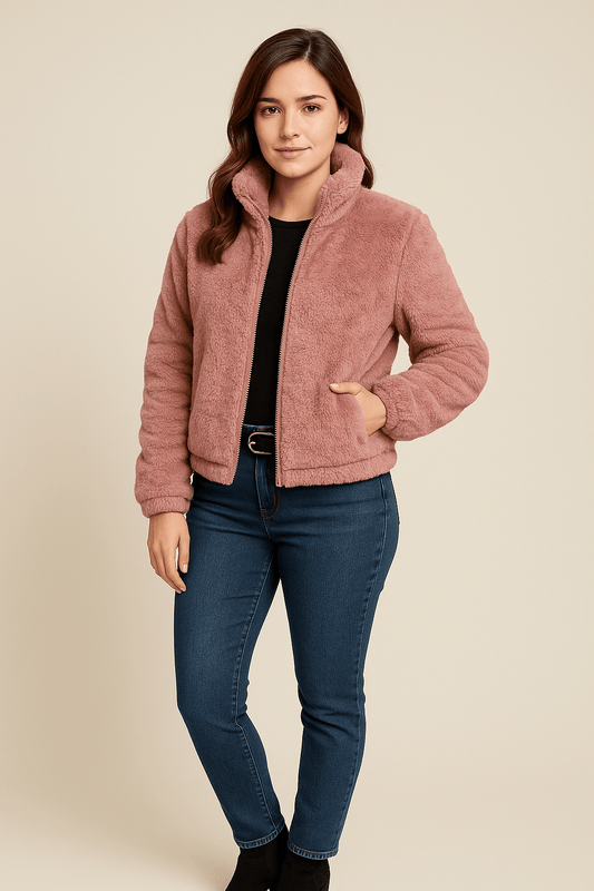 Ashford | Thea – Women’s Faux Leather Plush Zip - Up Cardigan with High Collar - Ashford London Clothing