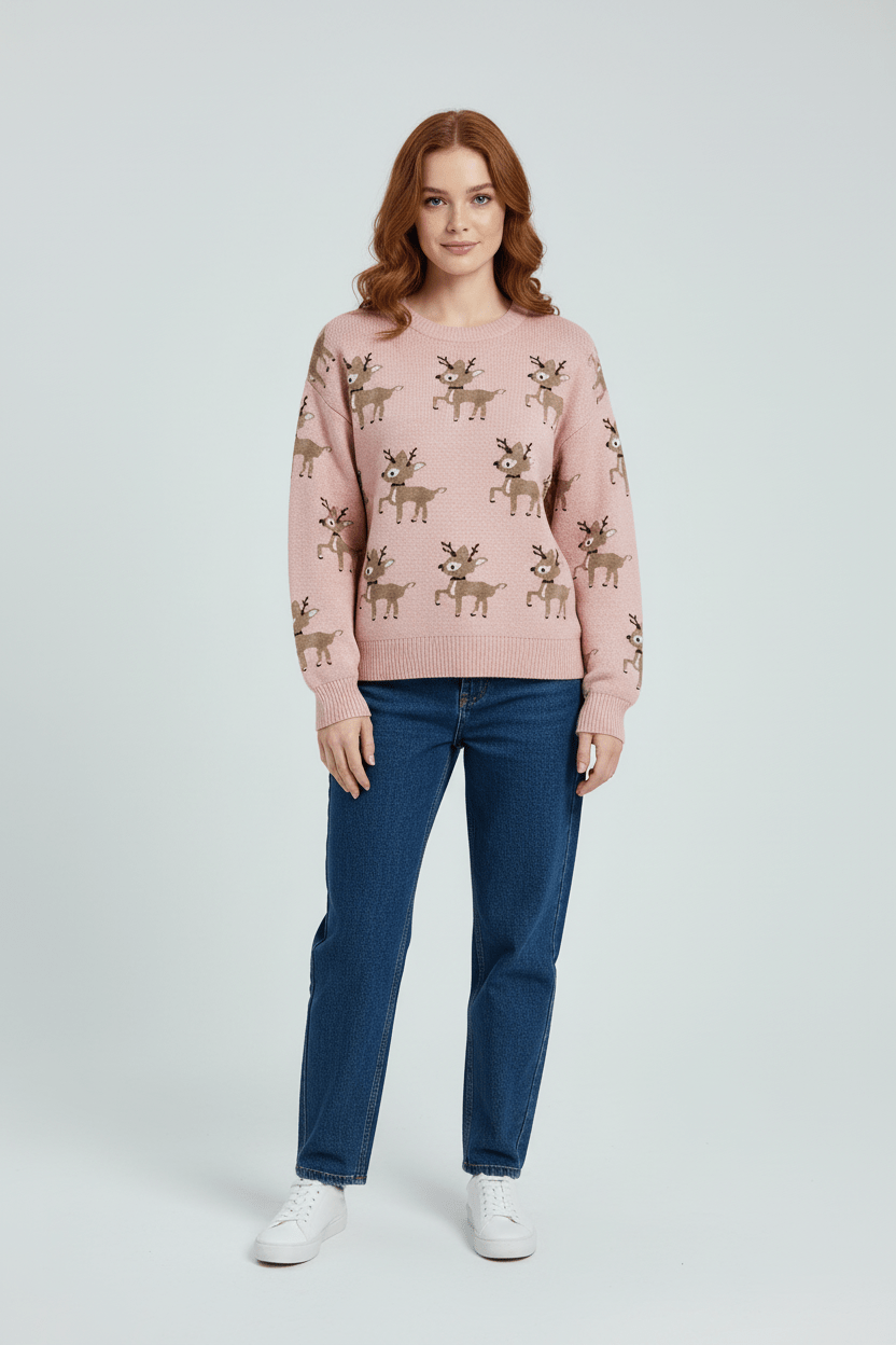 Ashford | Vanya – Women’s Oversized Knit Jacquard Sweatshirt with Deer Pattern - Ashford London Clothing