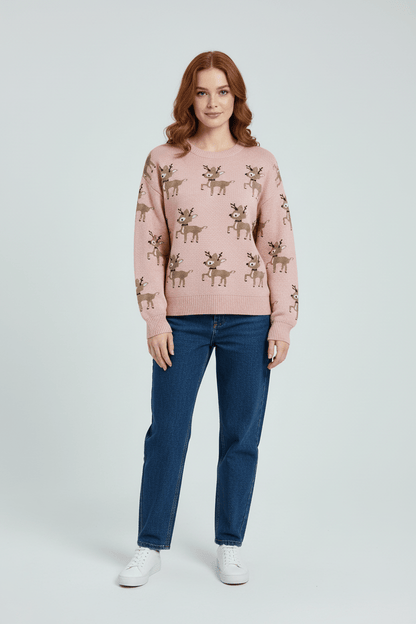 Ashford | Vanya – Women’s Oversized Knit Jacquard Sweatshirt with Deer Pattern - Ashford London Clothing