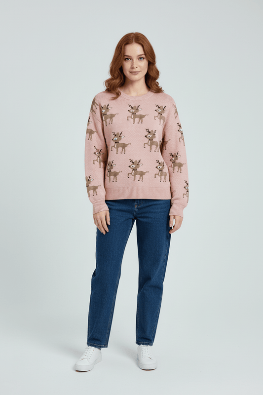 Ashford | Vanya – Women’s Oversized Knit Jacquard Sweatshirt with Deer Pattern - Ashford London Clothing