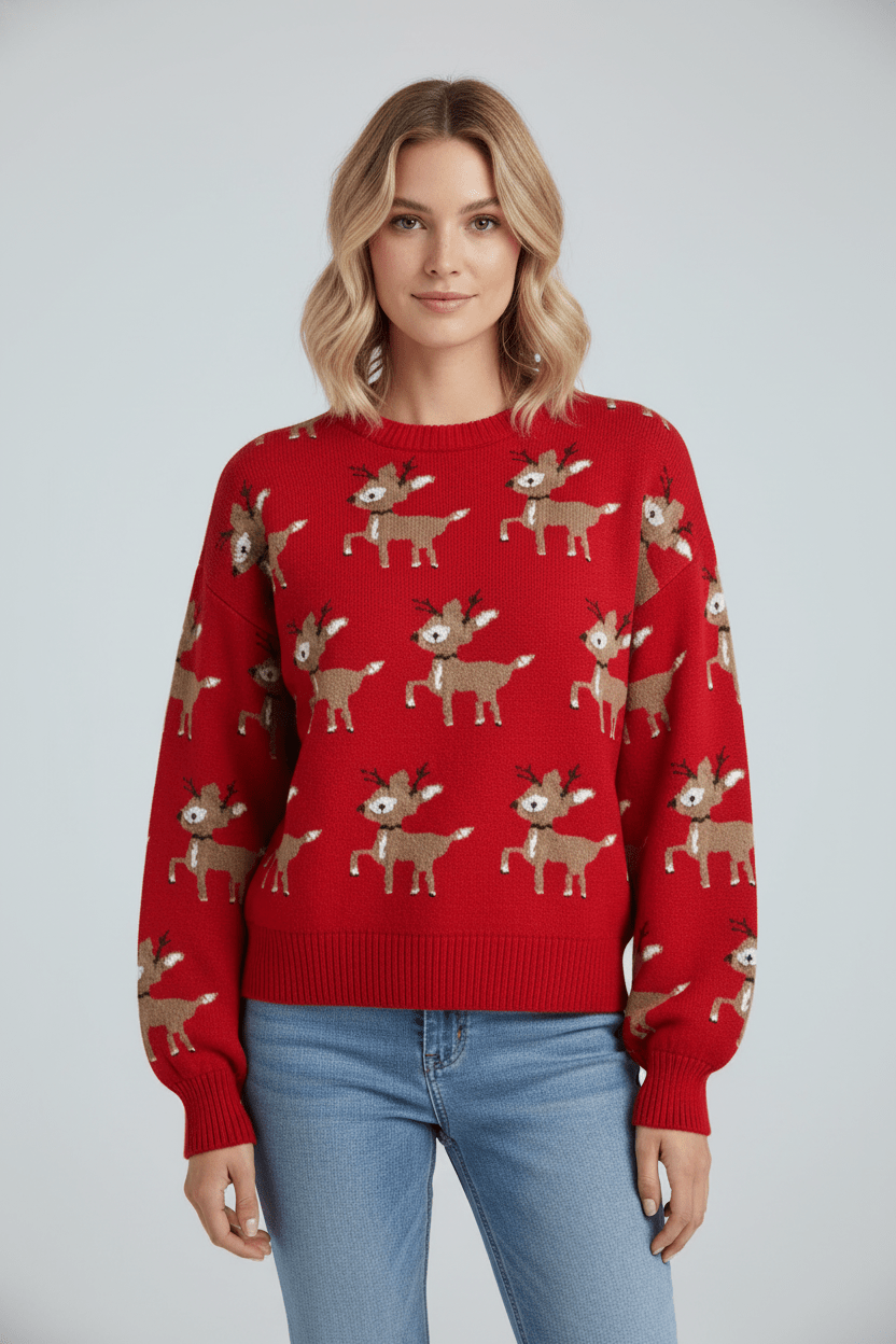 Ashford | Vanya – Women’s Oversized Knit Jacquard Sweatshirt with Deer Pattern - Ashford London Clothing