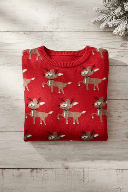 Vanya – Women’s Oversized Knit Jacquard Sweatshirt with Deer Pattern