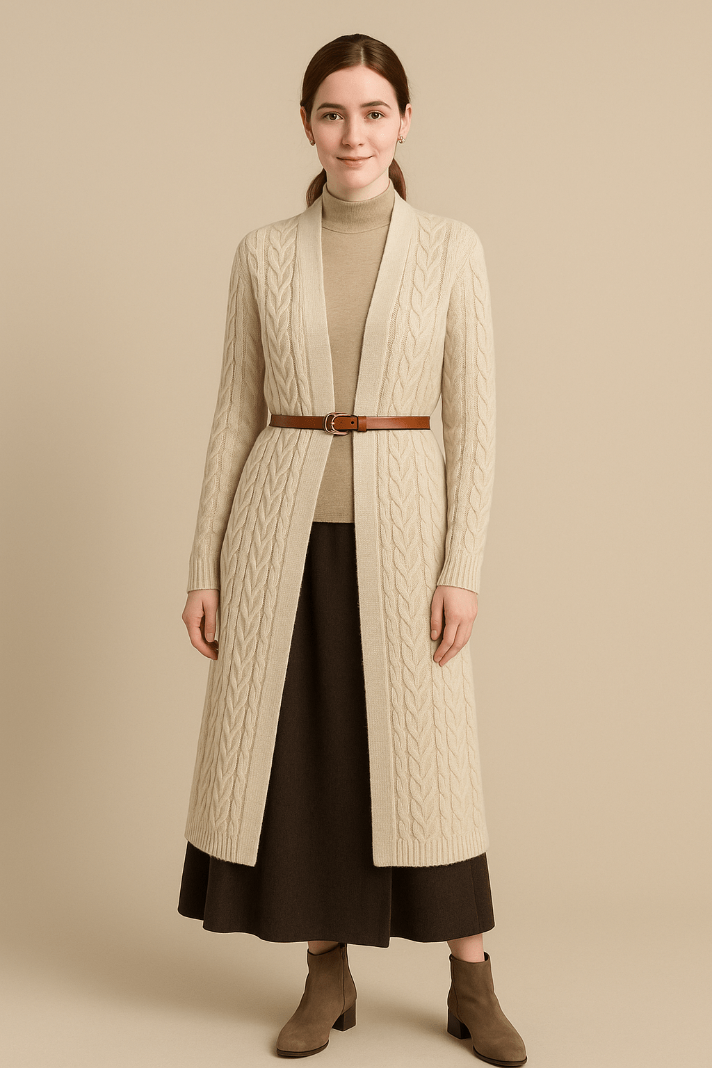 Ashford | Viivi – Women’s Long Wool Blend Cable Knit Cardigan with Belted Waist - Ashford London Clothing