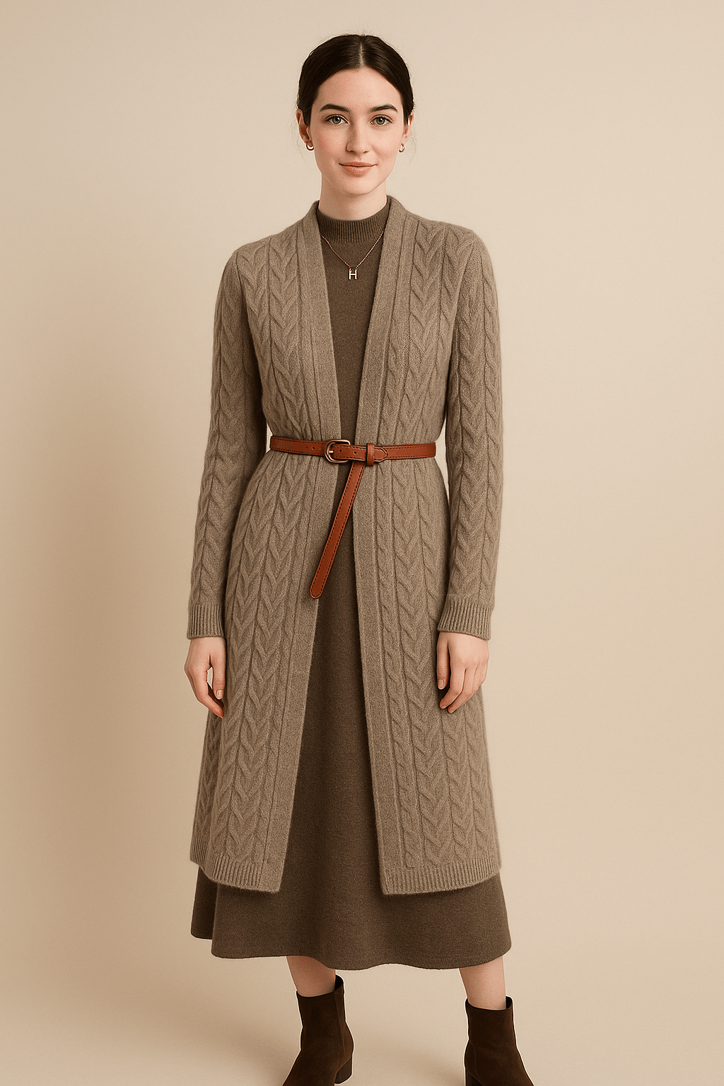 Ashford | Viivi – Women’s Long Wool Blend Cable Knit Cardigan with Belted Waist - Ashford London Clothing