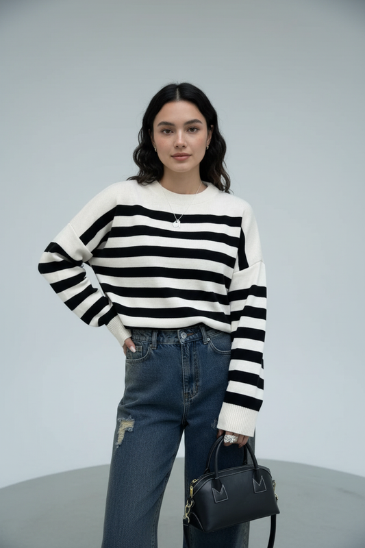 Lani – Women’s Loose Fit Striped Knit Sweatshirt with Ribbed Hem