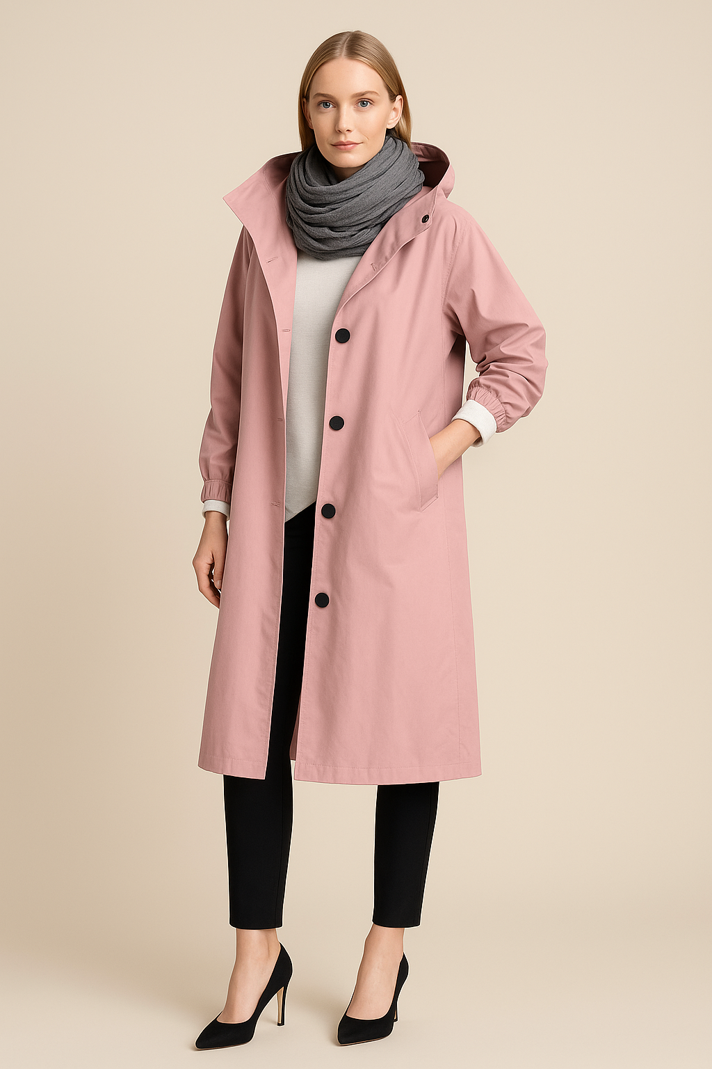 Ruby – Women’s Hooded Long Trench Coat with Pockets