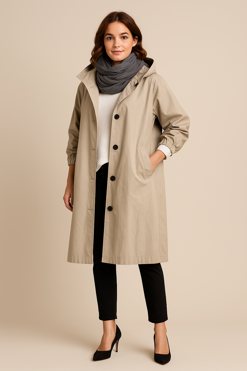 Ruby – Women’s Hooded Long Trench Coat with Pockets