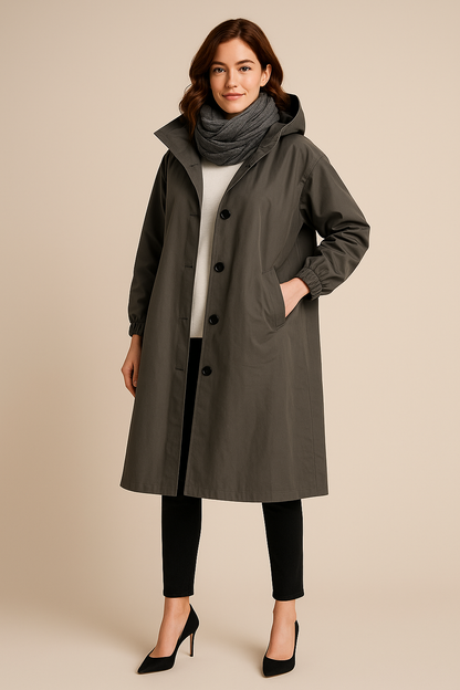 Ruby – Women’s Hooded Long Trench Coat with Pockets