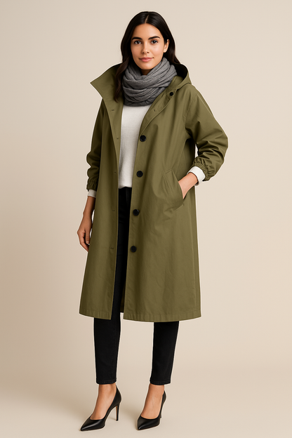 Ruby – Women’s Hooded Long Trench Coat with Pockets