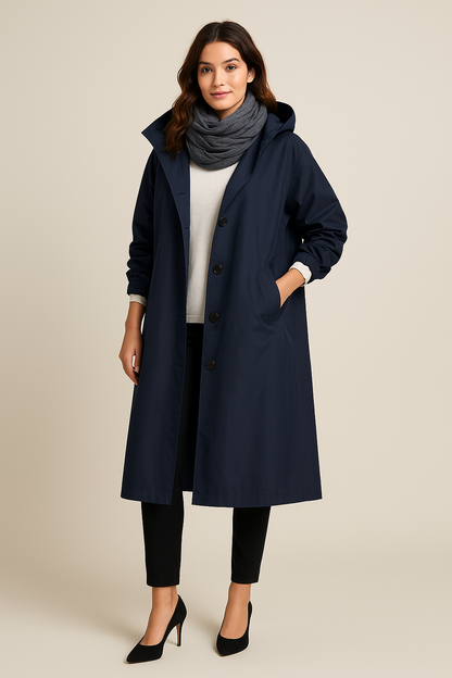 Ruby – Women’s Hooded Long Trench Coat with Pockets