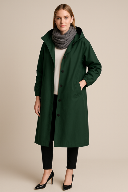 Ruby – Women’s Hooded Long Trench Coat with Pockets